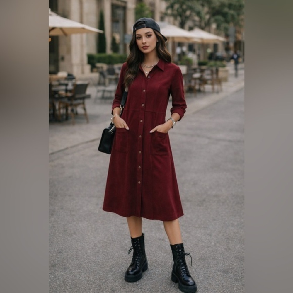 Joh Apparel Anne Stretch Suede Shirt Dress Burgundy Wine Red Long Sleeve L - Picture 1 of 5